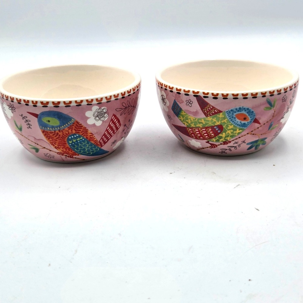 Pier 1 Imports Set of 2 Pink‎ Bird Ironstone Cereal Candy or Snack Bowls
